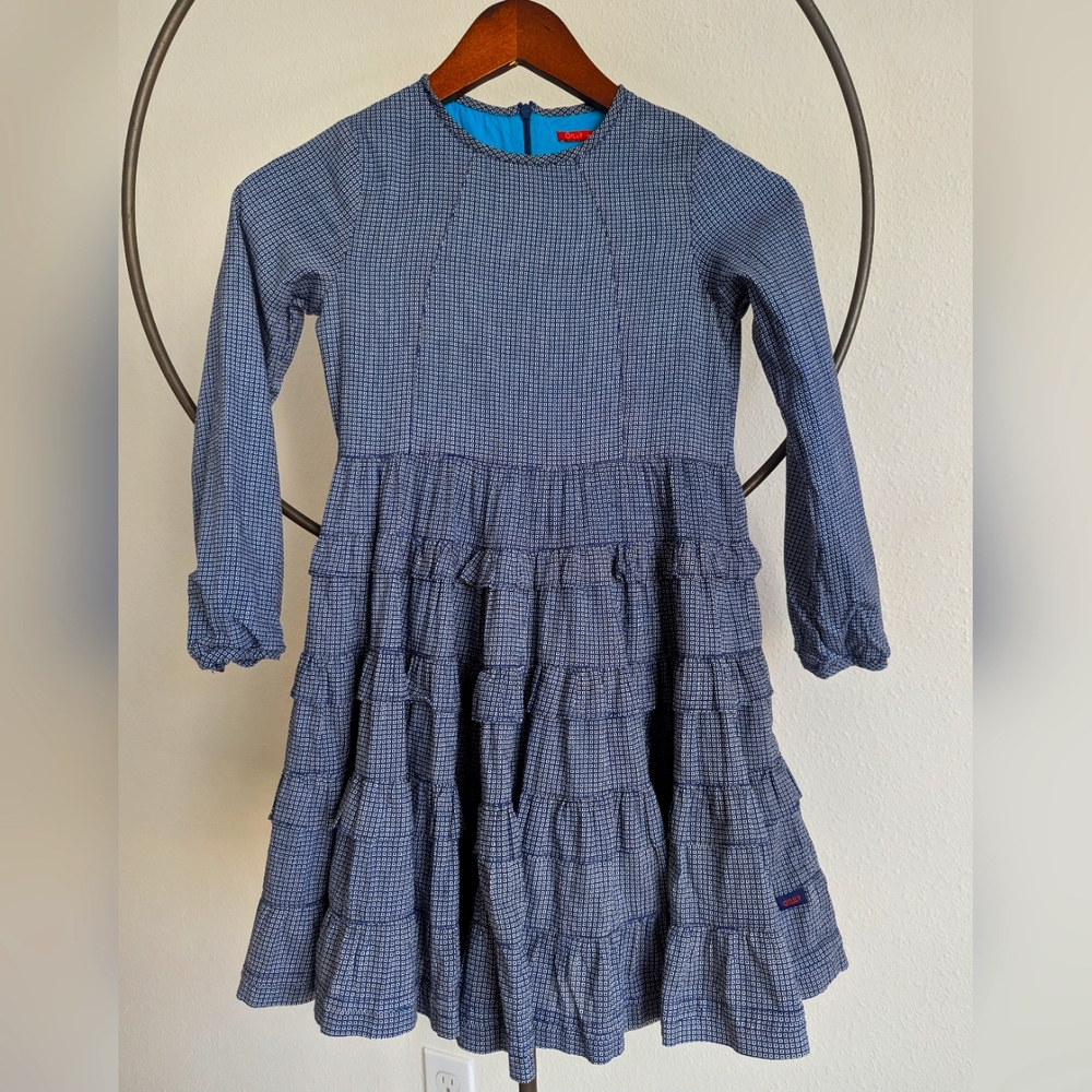 Girls Oilily Lined Navy Pattern Ruffle Long Sleeve Dress Sz 8